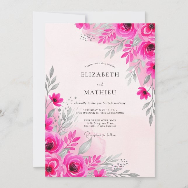 Convites Casamento com Aquarela Delicada em Fuchsia (Frente)