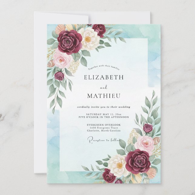 Convites Casamento com Aquarela Divina Borgonha (Frente)