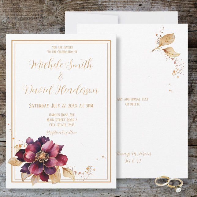Convites Casamento com Aquarela do Ouro Branco Elegante (Elegant White Golden Burgundy Watercolor Wedding Invitation)