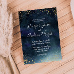 Convites Casamento com Aquarela Dourada do Marinho Starry N<br><div class="desc">Cartão de convite elegante e moderno para outono ou casamentos no inverno! Textura ombre azul-d'água marinho escuro com brilhos dourados falsos na parte superior e inferior. O design se parece com estrelas no céu noturno.</div>