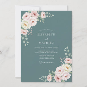 Convites Casamento com Aquarela Elegante em Azul Ardósia