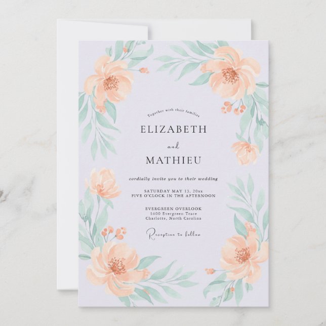 Convites Casamento com Aquarela Elegante em Pêssego (Frente)