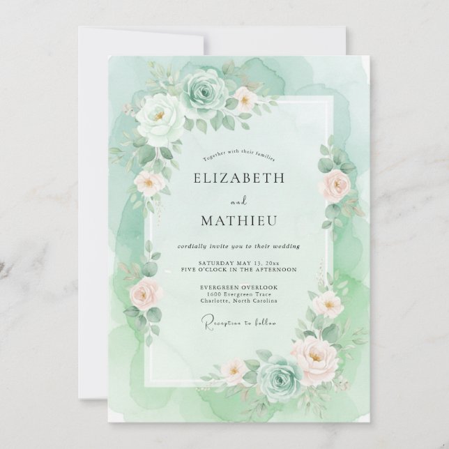 Convites Casamento com Aquarela Elegante em Verde Menta (Frente)