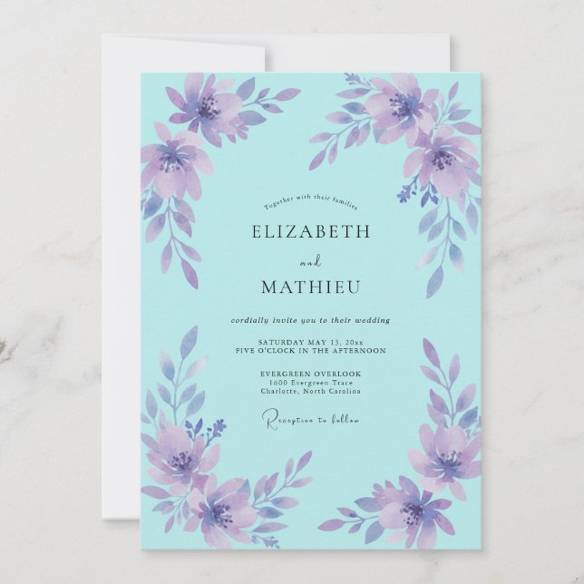 Convites Casamento com Aquarela em Água Suave Roxa (Frente)