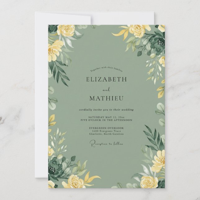 Convites Casamento com Aquarela em Amarelo Sage (Frente)
