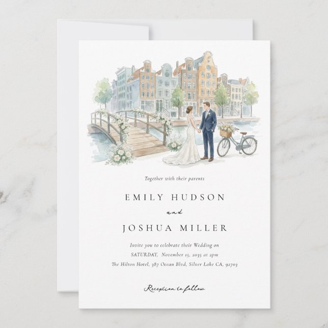 Convites Casamento com Aquarela em Amsterdã (Frente)