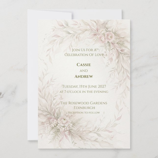 Convites Casamento com Aquarela em Marfim e Rosa Pálido (Frente)