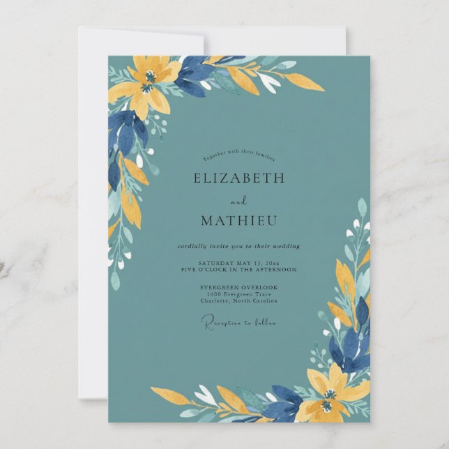 Convites Casamento com Aquarela em Ocre e Azul Marinho (Frente)