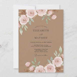 Convites Casamento com Aquarela em Tom Bege-Rosa