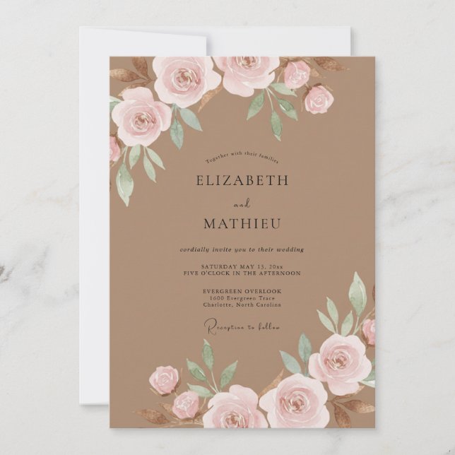 Convites Casamento com Aquarela em Tom Bege-Rosa (Frente)