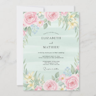 Convites Casamento com Aquarela em Tom de Hortelã e Rosado