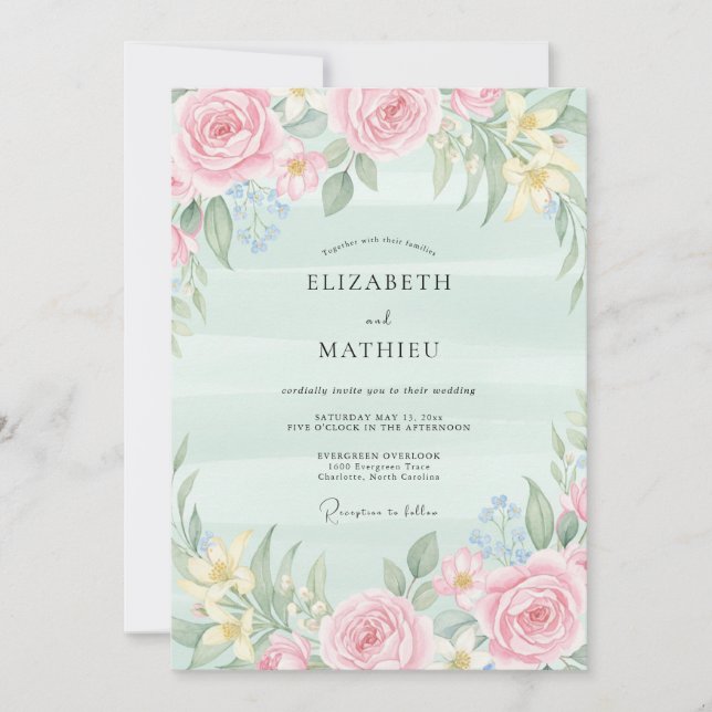 Convites Casamento com Aquarela em Tom de Hortelã e Rosado (Frente)