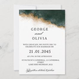 Convites Casamento com Aquarela em Verde Escuro e Dourado