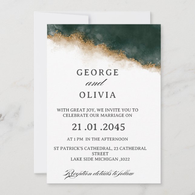 Convites Casamento com Aquarela em Verde Escuro e Dourado   (Frente)