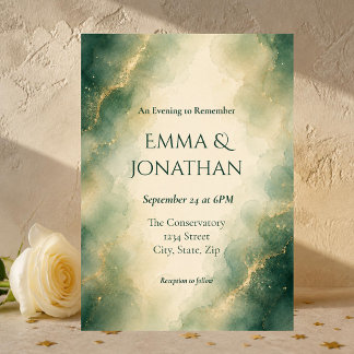 Convites Casamento com Aquarela em Verde Sálvia e Dourado E