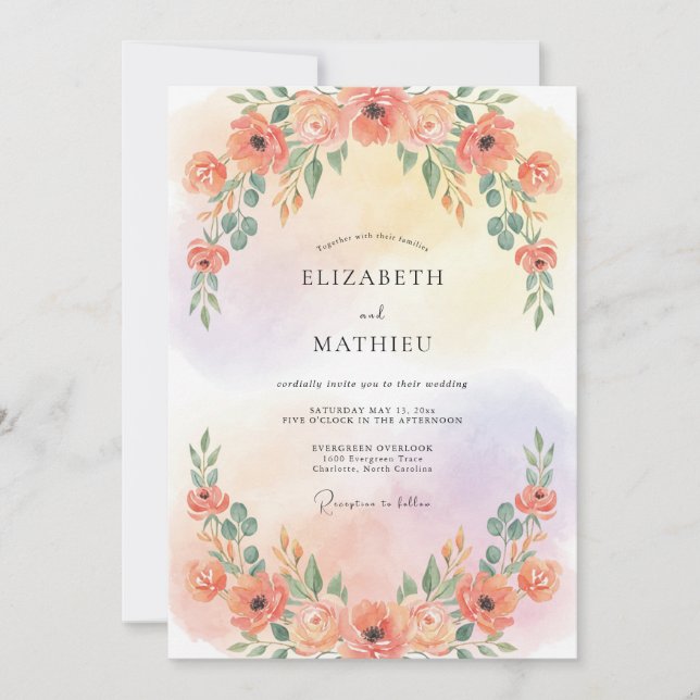 Convites Casamento com Aquarela Encantada de Pêssego (Frente)