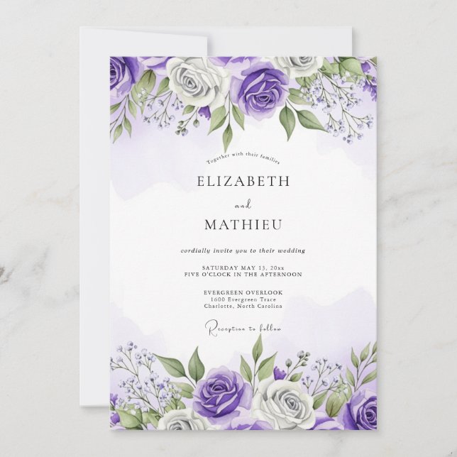 Convites Casamento com Aquarela Enfeitiçante Roxa (Frente)