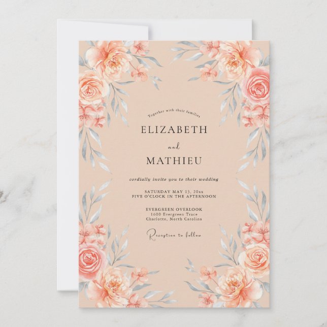Convites Casamento com Aquarela Etérea de Pêssego (Frente)