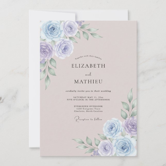 Convites Casamento com Aquarela Etérea em Azul Desbotado (Frente)