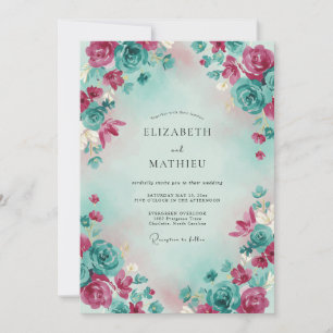 Convites Casamento com Aquarela Etérea em Teal Magenta