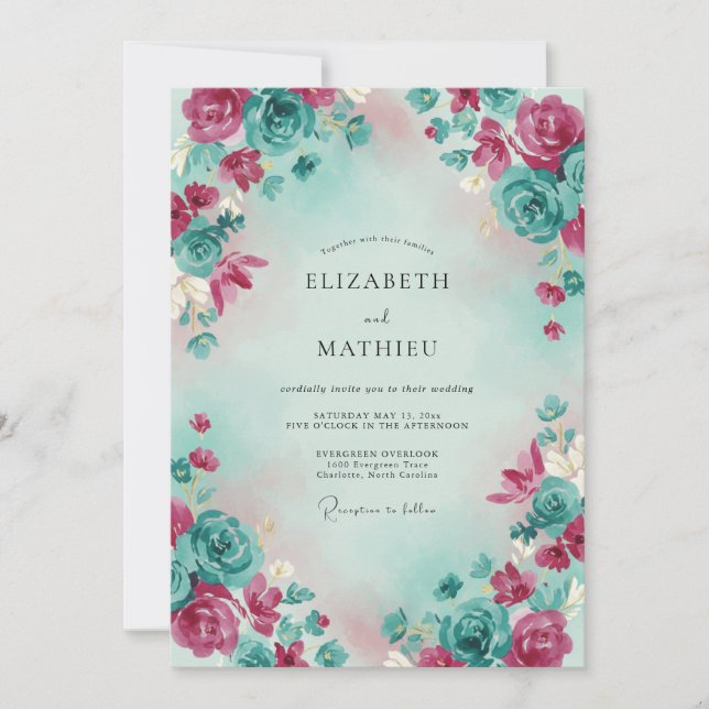 Convites Casamento com Aquarela Etérea em Teal Magenta (Frente)