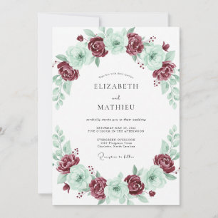 Convites Casamento com Aquarela Etérea em Tons de Borgonha 