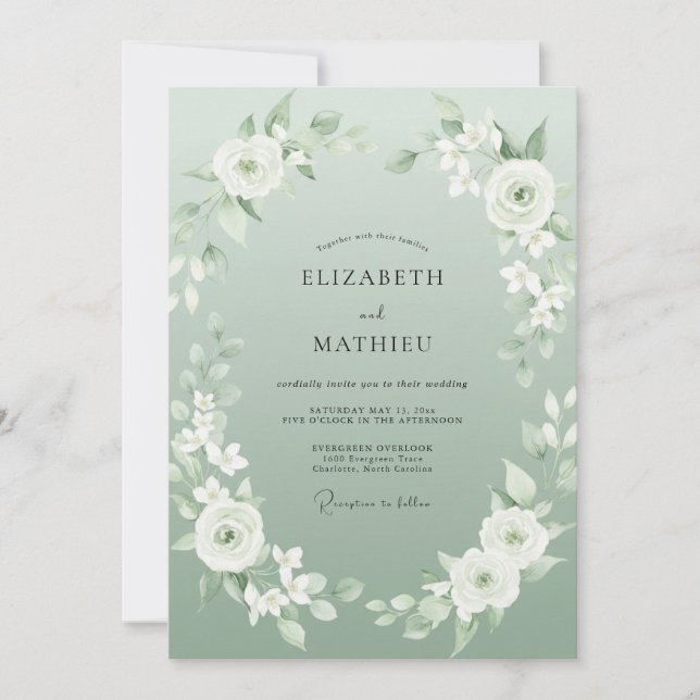 Convites Casamento com Aquarela Etérea em Verde Sage (Frente)
