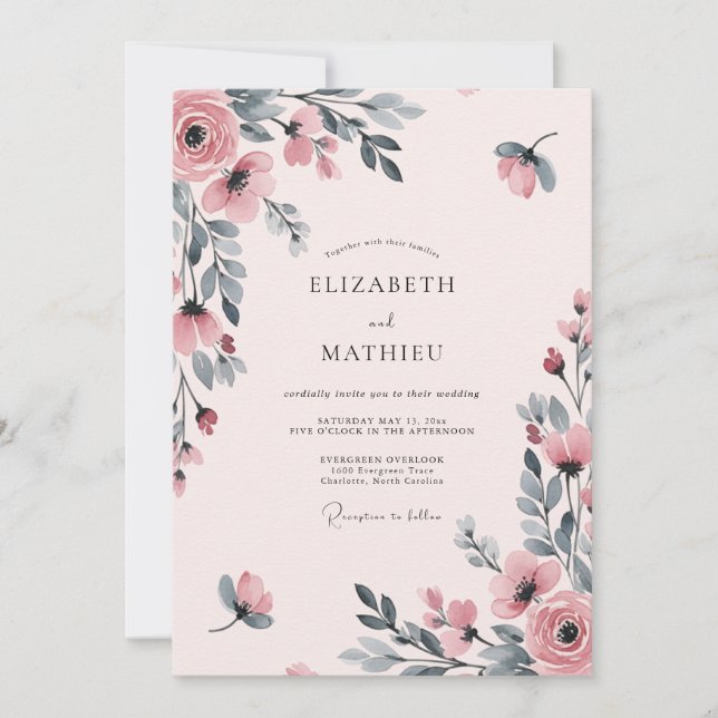 Convites Casamento com Aquarela Etérea Rosa Claro (Frente)