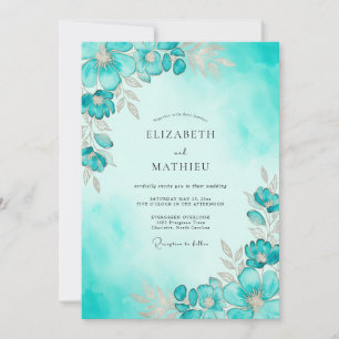 Convites Casamento com Aquarela Etérea Turquesa