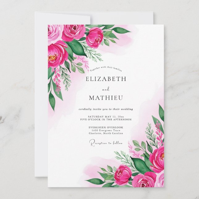 Convites Casamento com Aquarela Exuberante em Fuchsia (Frente)