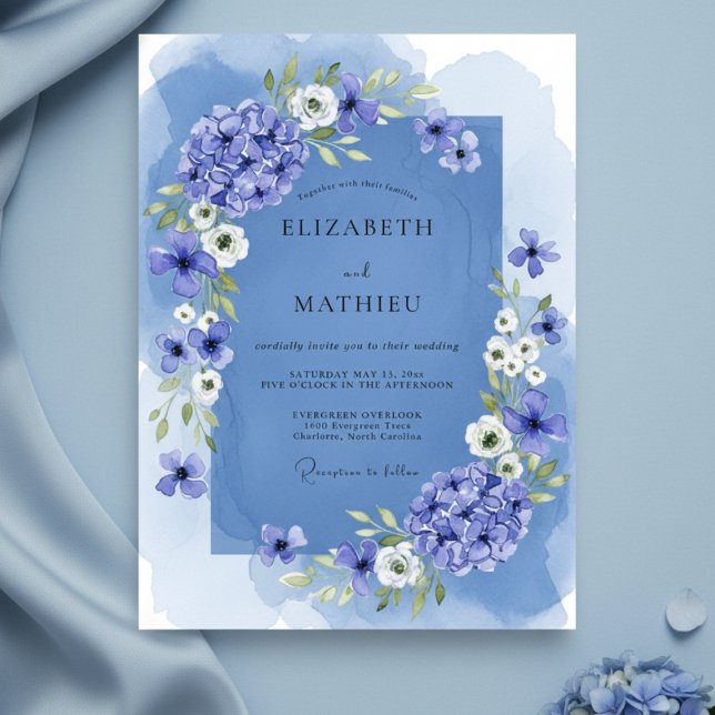 Convites Casamento com Aquarela Floral Azul (Criador carregado)