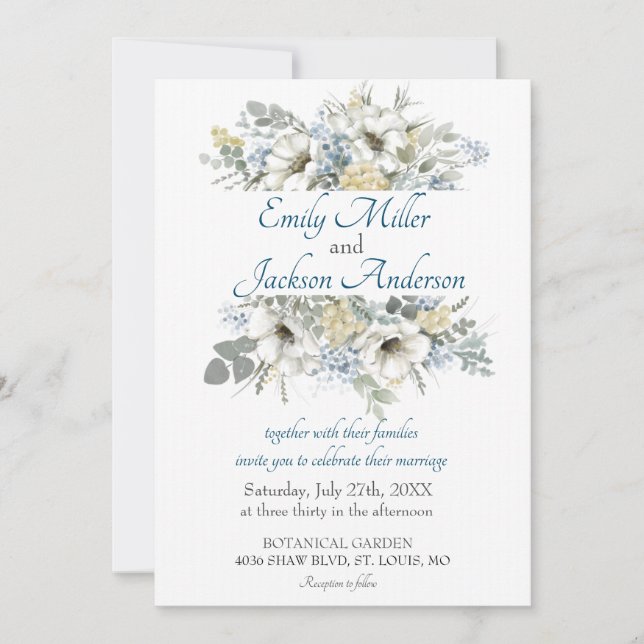 Convites Casamento com Aquarela Floral Azul e Branco Elegan (Frente)