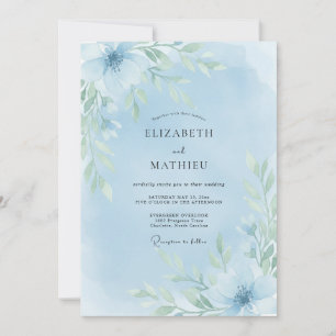 Convites Casamento com Aquarela Floral Azul Pálido