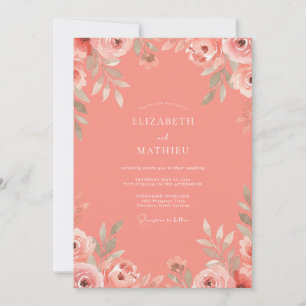 Convites Casamento com Aquarela Floral Coral Blush