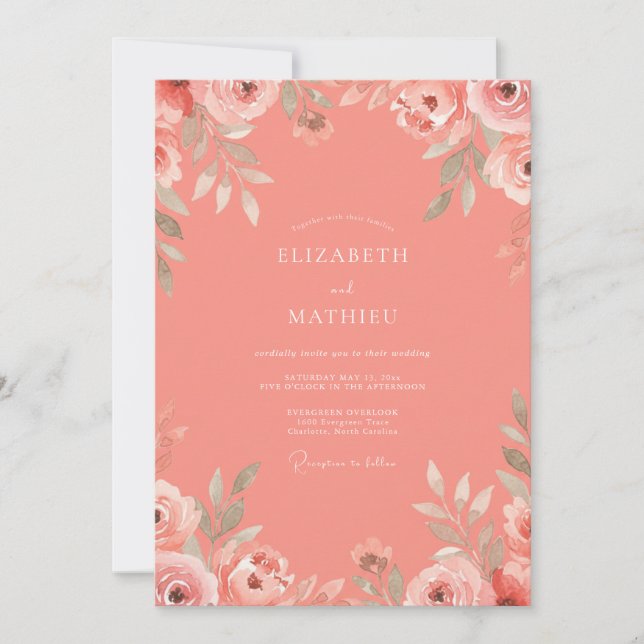 Convites Casamento com Aquarela Floral Coral Blush (Frente)
