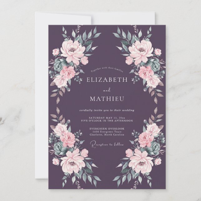 Convites Casamento com Aquarela Floral de Bege e Ameixa (Frente)