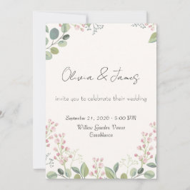 Convites Casamento com Aquarela Floral de Eucalipto e Rosa 