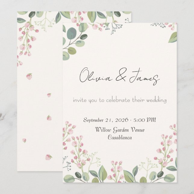 Convites Casamento com Aquarela Floral de Eucalipto e Rosa  (Frente/Verso)