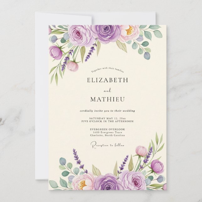 Convites Casamento com Aquarela Floral de Lavanda (Frente)