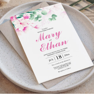 Convites Casamento com Aquarela Floral de Magnólia Rosa