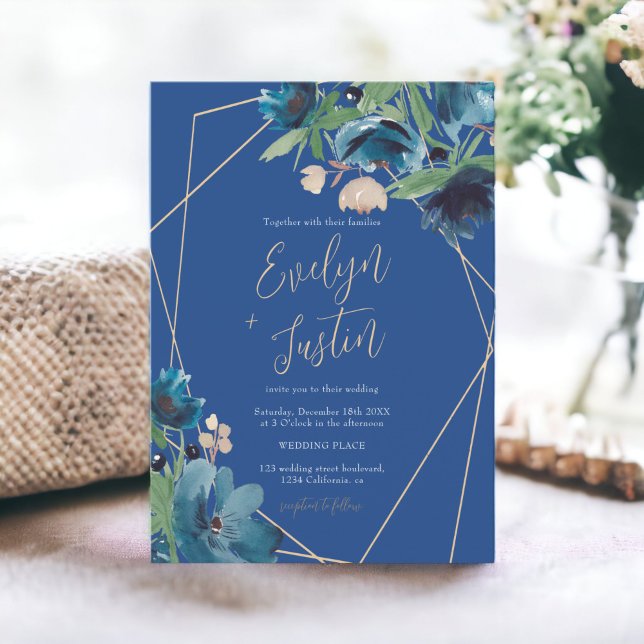 Convites Casamento com Aquarela Floral de Ouro Chic Azul El (Elegant chic blue gold Floral Watercolor Wedding Invitation)