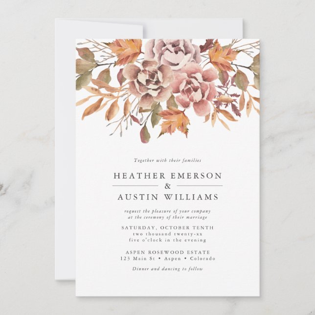 Convites Casamento com Aquarela Floral de Outono (Frente)
