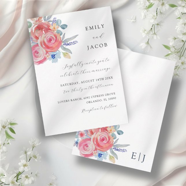 Convites Casamento com Aquarela Floral de Rosa Moderna (Criador carregado)