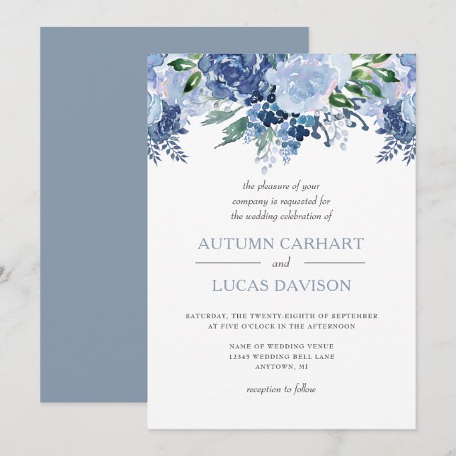 Convites Casamento com Aquarela Floral em Azul Desbotado (Frente/Verso)
