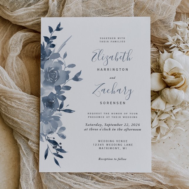 Convites Casamento com Aquarela Floral em Azul Poeirento (Criador carregado)