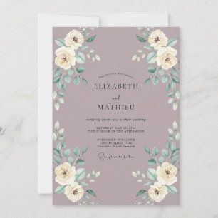 Convites Casamento com Aquarela Floral em Creme Malva