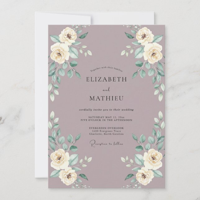 Convites Casamento com Aquarela Floral em Creme Malva (Frente)