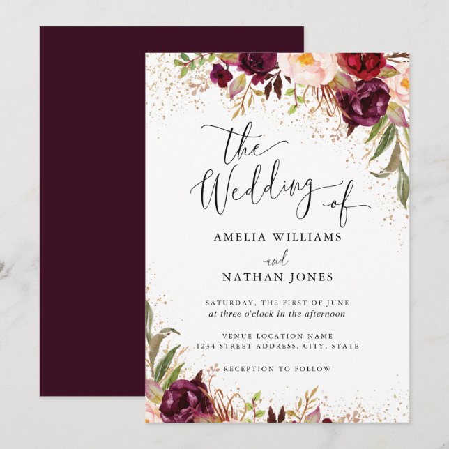 Convites Casamento com Aquarela Floral em Pó de Ouro Borgon (Frente/Verso)