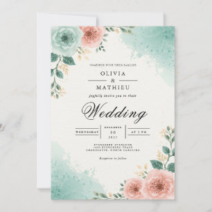 Convites Casamento com Aquarela Floral em Verde Azul e Pêss