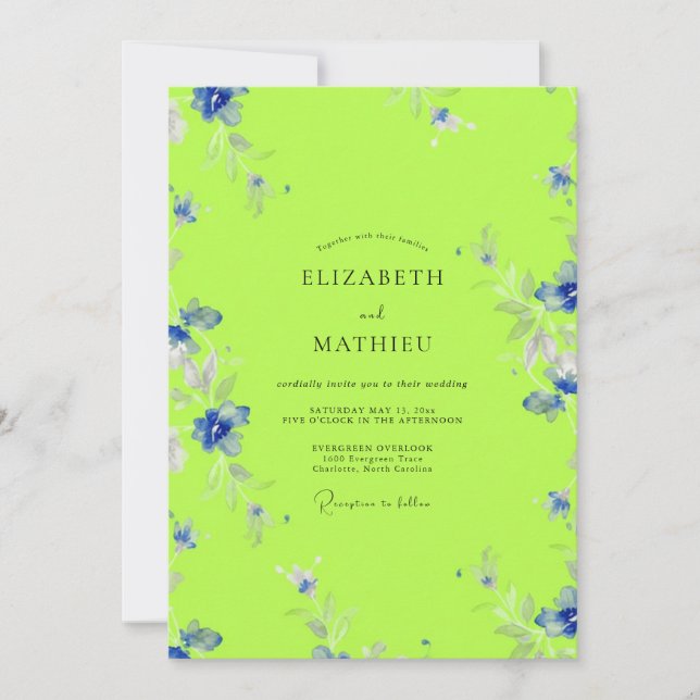 Convites Casamento com Aquarela Floral em Verde Lima (Frente)
